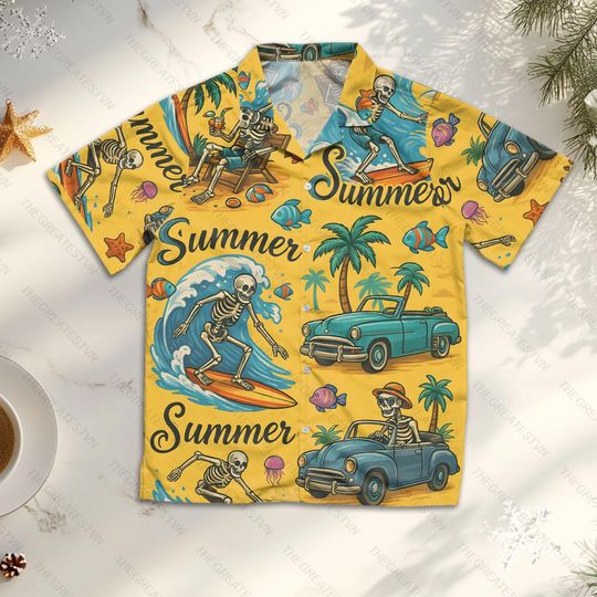 Skeleton Surfing Hawaii Shirt, Summer Skeleton Aloha Shirt, Holiday Beach Shirt, Skeleton Button Short Sleeve Shirt, Skeleton Lovers Gift