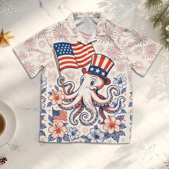 Patriotic Octopus Hawaiian Shirt, Octopus US Flag Aloha Shirt, Lightweight Short-Sleeve Button-Up, Gift for Octopus Lovers, Independence Day