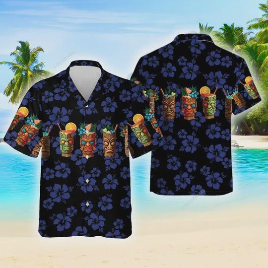 Tiki Cocktails Hawaiian Shirt For Men Women, Tropical Hibiscus Aloha Shirt, Funny Tiki Button Down Short Sleeve Shirt, Tiki Bar Hawaiian