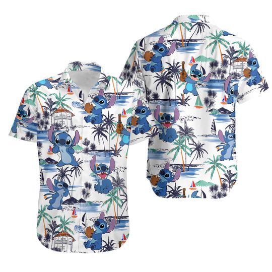 Stitch And Angel Hawaiian Shirt And Shorts , Stitch Hawaiian Shirt, Stitch Summer Shirts, Stitch Hawaiian Shirt For Men Vacation Shirt