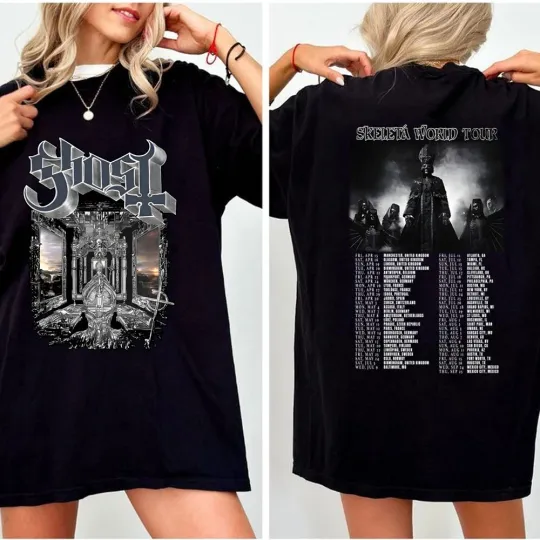 Ghost Band Skeleta World Tour 2025 Shirt, Retro Ghost Metal Rock Band Shirt