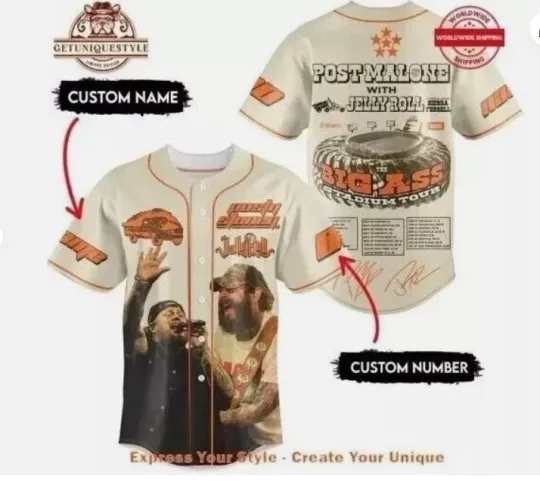 Post Malone Jelly Roll Big Ass Stadium Tour 2025 Baseball Jersey