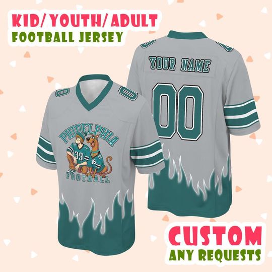 Custom Disney Mickey Philadelphia Football White Green Fire Jersey with Gray Fire, Football Jersey Disney Custom Football Team Jersey