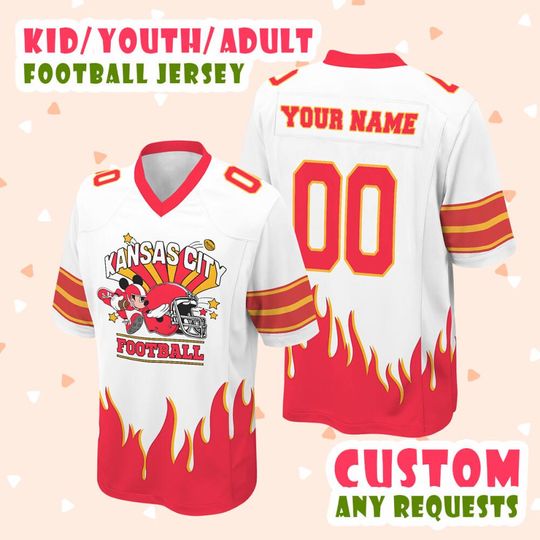 Custom Disney Mickey Kanas City Football Classic Red Fire Jersey, Football Jersey Disney Custom Shirt, Football Team Jersey