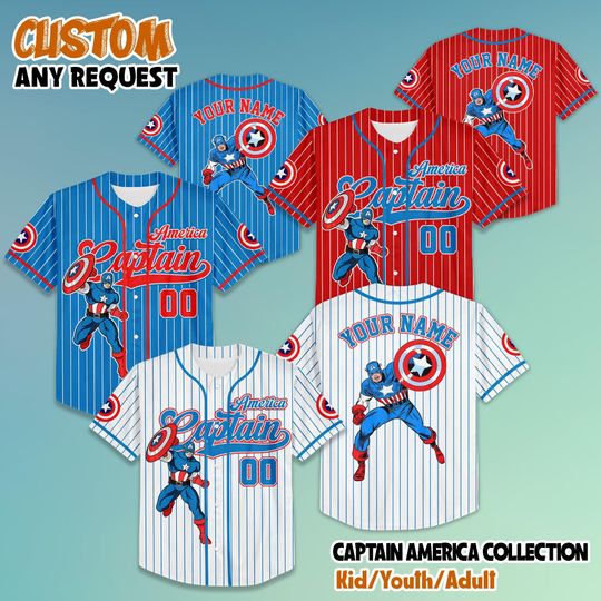 Personalized Captain America Collection Baseball Jersey, Custom Marvels Avengers Assemble Superhero Jersey Shirt, Disney Birthday Gift
