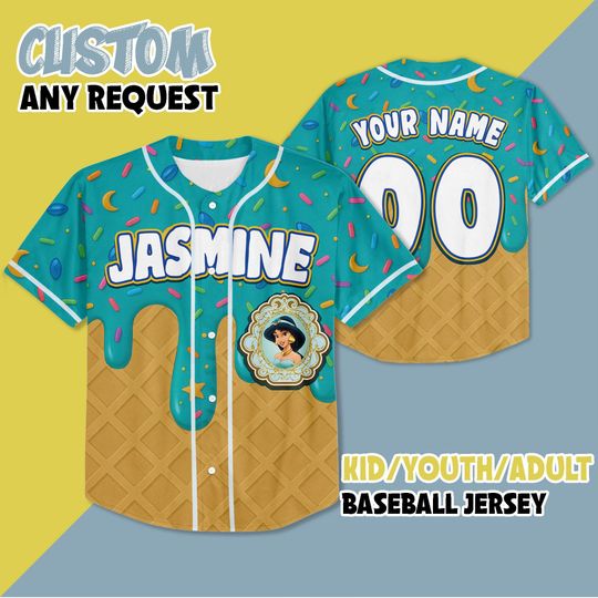 Personalized Jasmine Ice Cream Baseball Jersey, Custom Princess Jasmine Jersey Shirt, Jasmine Birthday Gift, Disney Baseball Team Outfit