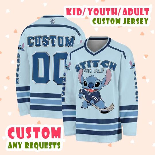 Customized Disney Stitch Hockey Classic Light Blue Jersey, Hockey Disney Custom Shirt, Hockey Team Jersey