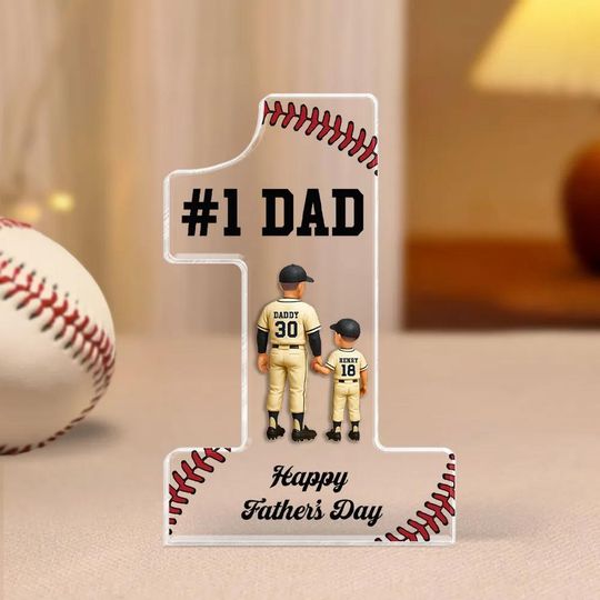 Baseball No. 1 Dad Grandpa Man & Kids Standing Personalized Acrylic Block Plaque, Father's Day Gift for Baseball Dad, Husband