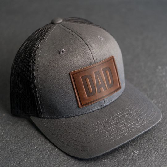 Dad Stamp Hat | Leather Patch Trucker Style Hats | Gift for Dad | Apparel for New Dad | Birthday