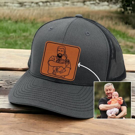 Custom Outline Portrait Trucker Hat Gifts for Dad - Engraved Hat with Photo Father's Day Gift Idea