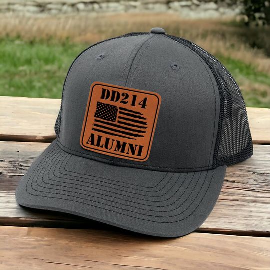 DD214 Alumni Trucker Hat Engraved for Dad - Father's Day Gifts Leather Patch Hat for Soldiers