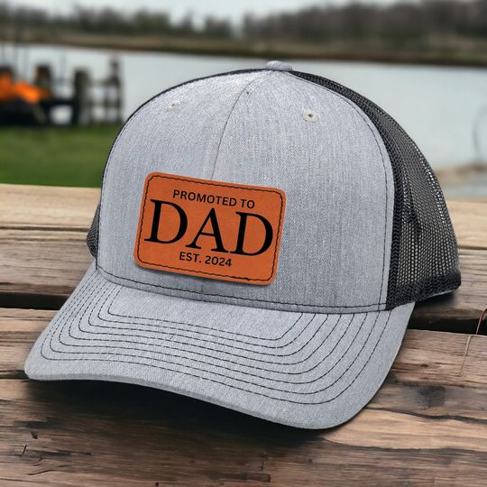 Promoted to Dad Leather Trucker Hat - Engraved Father's Day Gift for New Dad