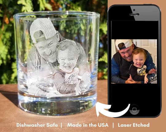 Etched Picture Rocks Glass | Personalized Whiskey Glass | Custom Portrait Gift for Dad