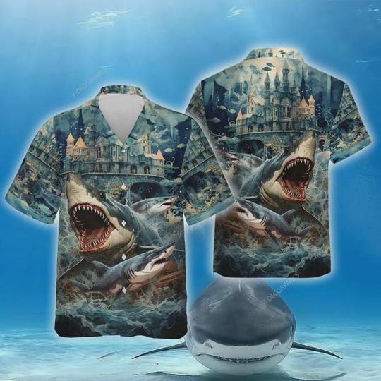 3D Shark Attack Hawaiian Shirt, Fantasy Castle Ocean Shirt Men, Gothic Shark Hawaiian Shirt, Dark Ocean Fantasy Shirt Men, 3D Fantasy Shirt