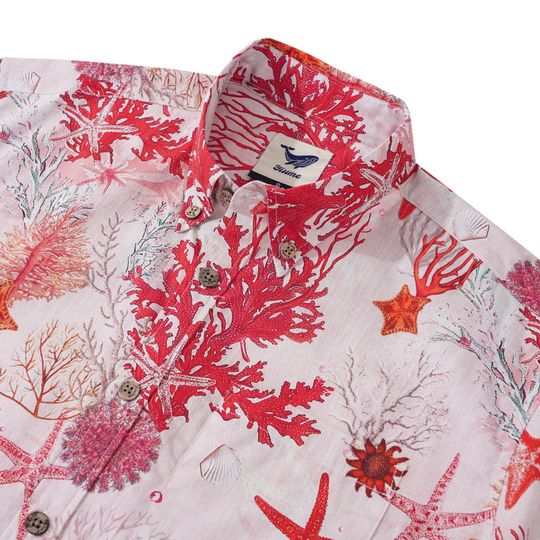 Men's Hawaiian Shirt  Short Sleeve Button-down, 100% Cotton, Red Aloha Coral Reverie