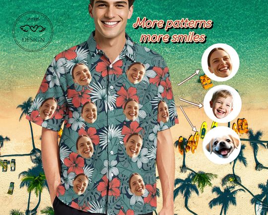 Hawaiian Shirt with Custom Faces, Personalized Men's Shirt, Fun Shirt, Beach Shirt, Party Gift&Wedding Gift-Gift for Family, Gender-neutral