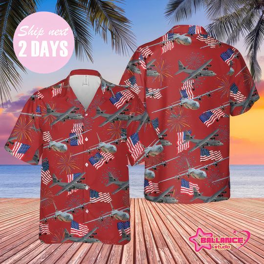 United States Air Force Lockheed Martin C-130J Super Hercules 4th Of July Hawaiian Shirt, Patriotic Hawaiian Shirt for men