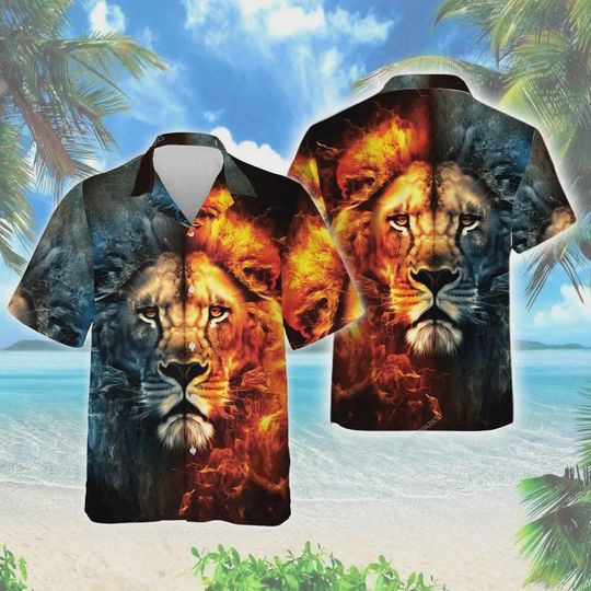 Lion King Men Hawaiian Shirt, Fire and Ice Lion Shirts, Summer Beach Fashion Top, Animal Lover Printed Clothing, Unique Gift for Father Day