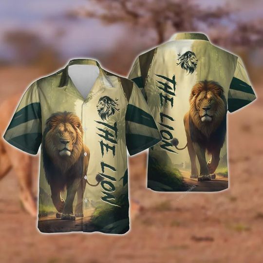 Tropical Lion Hawaiian Shirts, Lion Walking Summer Beach Shirts, Jungle Pattern Button Down Short Sleeve Shirts, Unique Gifts for Father Day