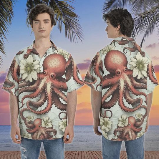 Vintage Red Octopus and Flower Hawaiian Shirts, Summer Party Aloha Button Down Shirt, Retro Shirts, Ocean Animal Short Sleeve Hawaii Shirts