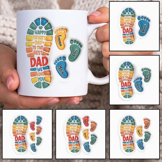 Personalized Dad 3D Inflated Mug, Custom Dad Footprint Up to 6 Kids 11oz Mug Template, Dad Mug , Fathers Day Coffee Mugs
