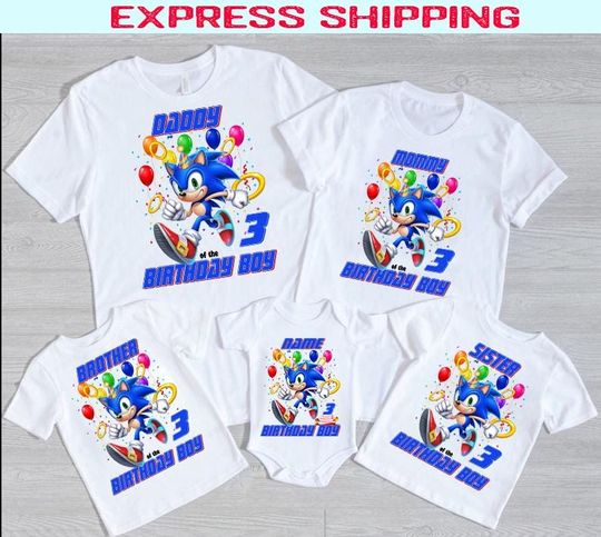 Custom Sonic Birthday Shirt, Personalized Birthday Boy Shirt, Character Birthday Family Matching Shirt,  Sonic Theme Party Shirts