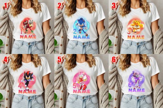 Custom Sonic Birthday Shirt with Tails, Shadow, Knuckles, Amy Rose, Group Gamer Party Tee for Kids, Matching Sonic Family Shirt