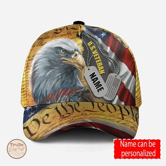 Personalized American Veteran Patriotic Baseball Caps, Custom Name Eagle Classic Cap for Grandpa, Dad, Father's Day, Patriotic Gifts