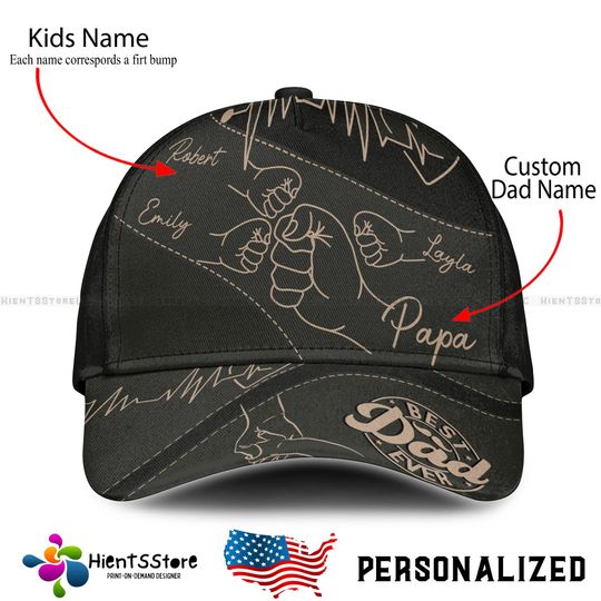 Custom Name Daddy First Bump Cap, Custom Dad Cap with Kids Names, Dad Grandpa Kids Holding Hands Cap, Grandpa Gifts, Father's Day Gifts
