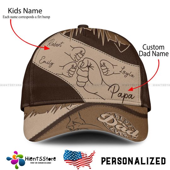 Custom Name Daddy First Bump Cap, Custom Dad Cap with Kids Names, Dad Grandpa Kids Holding Hands Cap, Grandpa Gifts, Father's Day Gifts