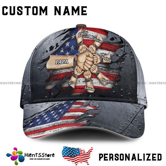 Custom Name Best Dad Ever Cap with Kids', Personalized Metal Torn Flag Papa Hat, American Pride Gift for Father, Mechanic Dad Baseball Cap