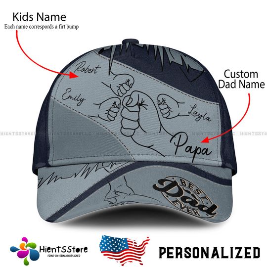 Custom Name Daddy First Bump Cap, Custom Dad Cap with Kids Names, Dad Grandpa Kids Holding Hands Cap, Grandpa Gifts, Father's Day Gifts