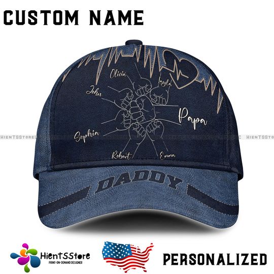 Custom Name Navy Blue Denim Baseball Cap for Dad Papa  Heartbeat Fist Bump Hat with Kids Names  Gift for Fathers Day Grandpa Husband