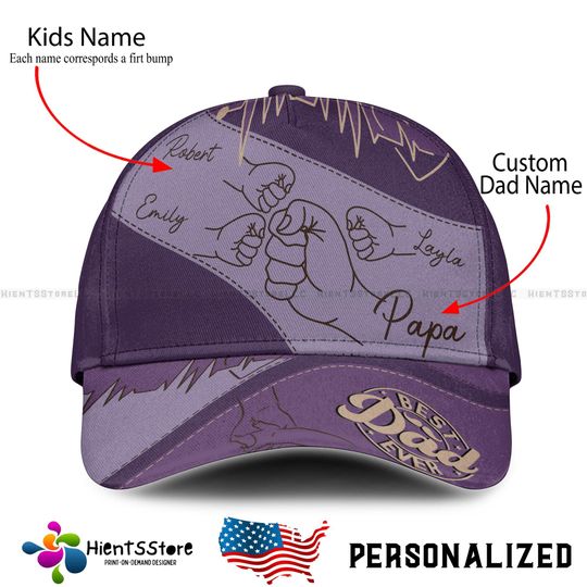 Custom Name Daddy First Bump Cap, Custom Dad Cap with Kids Names, Dad Grandpa Kids Holding Hands Cap, Grandpa Gifts, Father's Day Gifts