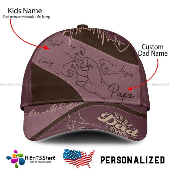 Custom Name Daddy First Bump Cap, Custom Dad Cap with Kids Names, Dad Grandpa Kids Holding Hands Cap, Grandpa Gifts, Father's Day Gifts