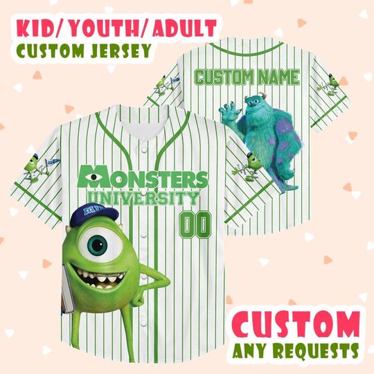 Personalized Monsters University Baseball Jersey, Custom Mike Wazowski Jersey, Cartoon Movies Jersey For Kids, Monster Inc Fans