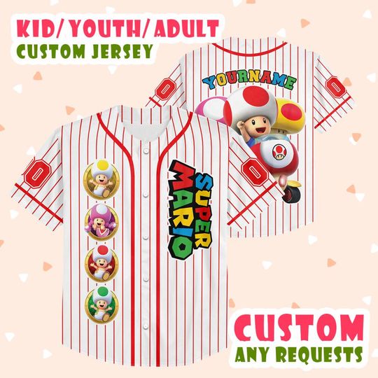 Customized Super Mario The Movie Baseball Jersey, Custom Mushroom Friends Baseball Jersey Gift, Mario Jersey