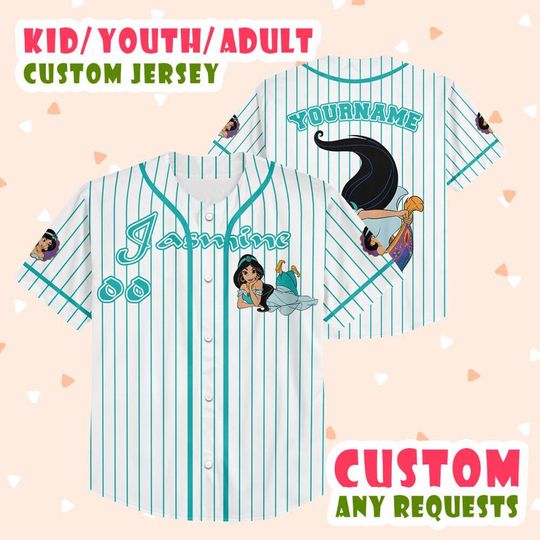 Personalized Disney Princess Jasmine Baseball Jersey, Custom Princess Disney Jersey For Kids, Birthday Gift, 2025 Disney Trip