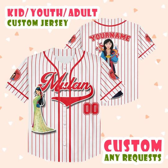 Personalized Mulan Disney Cartoon Movie Baseball Jersey, Princess Mulan Custom Name Number Jersey, Mulan Movie Jersey For Kids