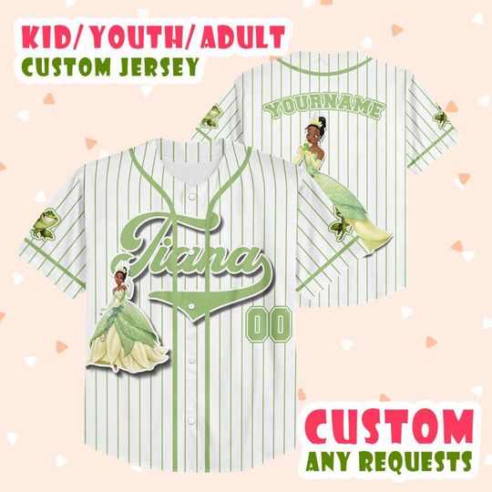 Customized Tiana Princess Disney Cartoon Movie Baseball Jersey, Princess and the Frog Custom Name Number Jersey, Jersey For Kids