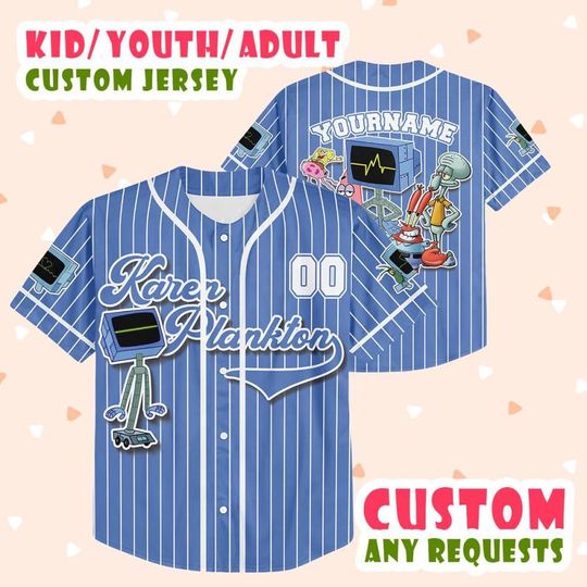 Personalized SpongeBob SquarePants Movie Baseball Jersey, Karen Plankton Custom Printstripe Baseball Jersey, The SpongeBob Fans