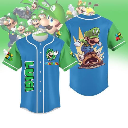 Personalized Luigi Mario Baseball Jersey, Super Mario Bros Jersey For Team, Mario Cartoon Baseball Shirt, Family Uniform Game Shirt Kid