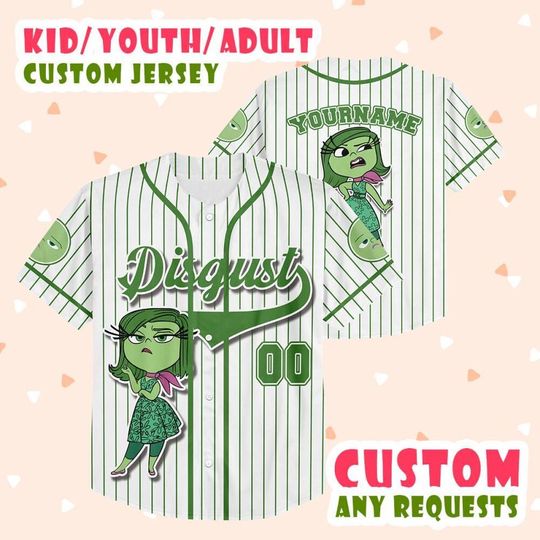 Custom Disney Inside Out Disgust Baseball Jersey, Disney Baseball Jersey, Inside Out 2 Jersey, Inside Out 2 Movie Gift