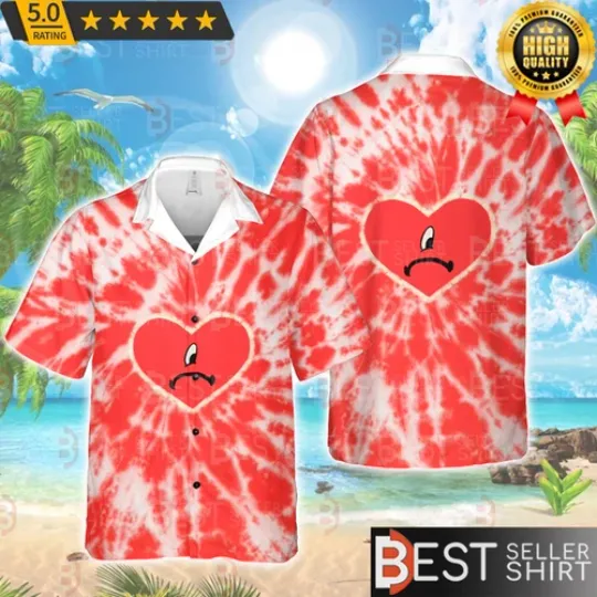Bad Bunny Heart Logo Red Tie Dye Hawaiian Shirt