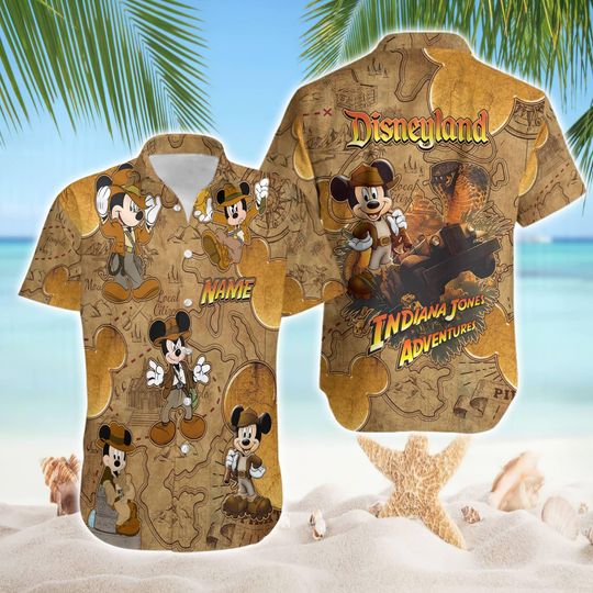 Custom Name Disneyland Mickey Mouse Indiana Jones Hawaiian Shirt, Short Sleeve Button Down Mickey Mouse Hawaii Shirt, Family Vacation