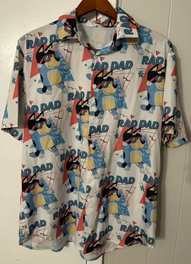 USA BlueyDad Hawaiian Button Down - Men’s Size Large Rad Dad Sheshow Summer Father