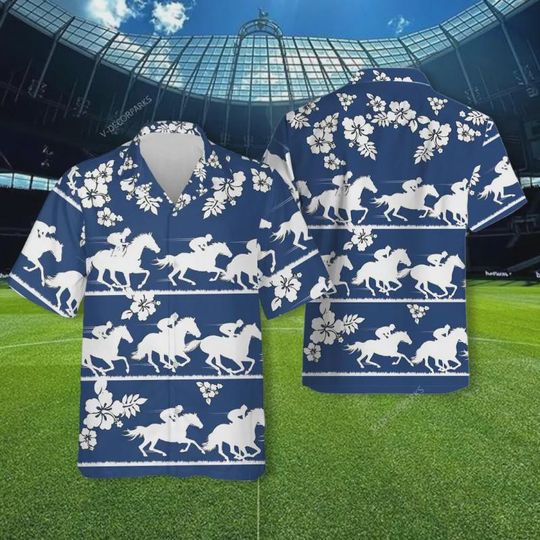 Racing Horse Hawaiian Shirt, Blue Horse Rider Shirt, Hibiscus Horse Rider Men Casual Summer Beach Shirt, Daddy's Gifts, Gifts for Father Day