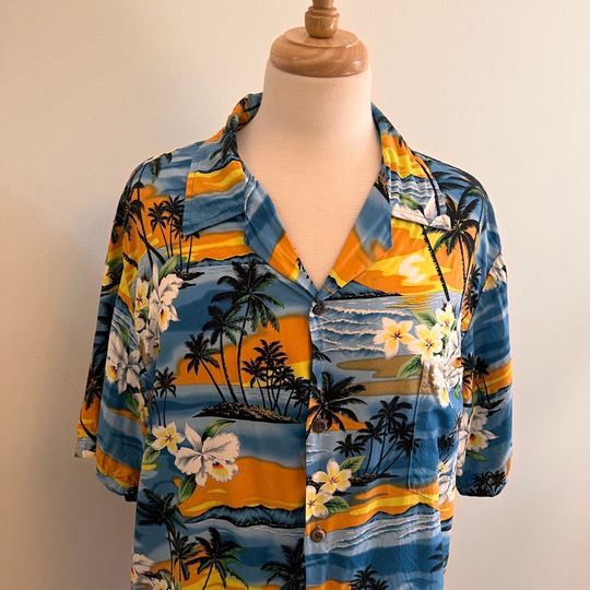 L Hawaiian shirt, blue and orange scenic print, 100% rayon shirt. Vintage Father's Day gift for him