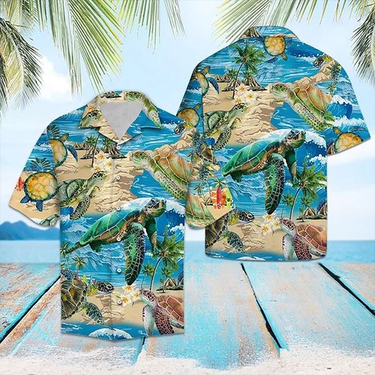 Turtle Beach Hawaiian Shirt, Summer Aloha Beach Shirt, Sea Turtle Aloha Beach Shirt, Men's Button Down, Hawaiian Shirt for Men Women Kids