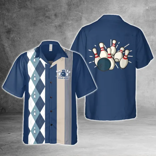 Blue Argyle 1950s Custom Bowling 3D Hawaiian Shirt